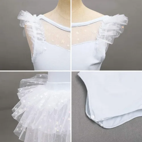 Vista 6 de IDOPIP Leotardo con falda de tutú de estrella con purpurina para niñas, manga con volantes, vestido de bailarina, traje de gimnasia