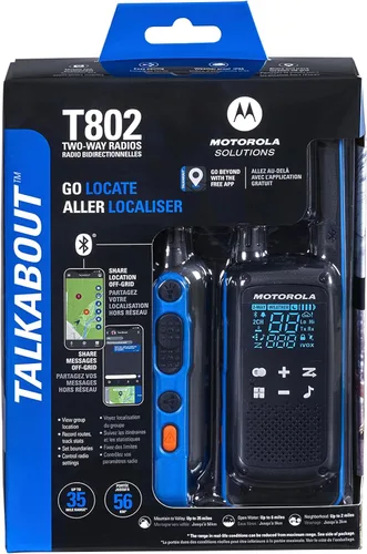 Vista 4 de Motorola Solutions, Talkabout T802, radio bidireccional portátil FRS, paquete de 2 walkie talkies, azul/negro, 22 canales, 1 bandeja de carga dual
