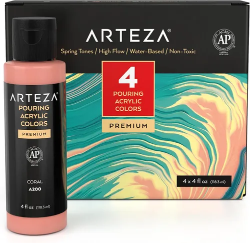 Vista 8 de ARTEZA Juego de 4 colores de pintura acrílica para vertido, botellas de 4 onzas, tonos aguamarina, pintura acrílica de alto flujo, suministros