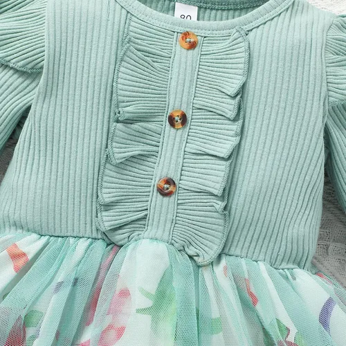 Vista 5 de Toddler Rib Princess Dress Floral Print Tulle Long Sleeve Baby Girls Ruffle Long Sleeve Round Neck Buttons Elegant Clothes