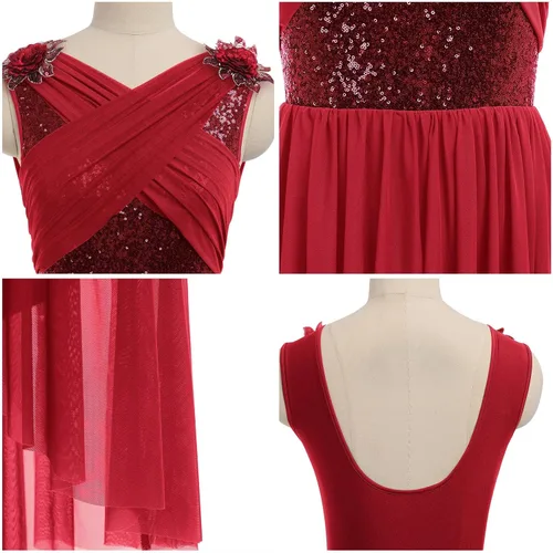 Vista 6 de AFAVOM Disfraz de baile lírico para mujer, vestido de lentejuelas con flores, falda asimétrica de tul fluida, disfraces de danza contemporánea