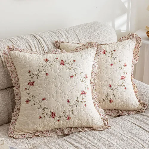 Vista 9 de vctops Juego de 2 fundas de cojines decorativos cuadradas de algodón acolchado bordado con volantes de diseño floral suave para sillón, sofá, cama