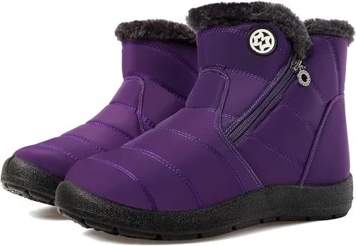 Vista 22 de Eagsouni Botas de nieve para mujer, botines de invierno para mujer, con forro de piel cálida, botines gruesos con cremallera, zapatos planos