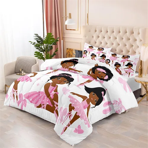 Vista 2 de Juego de edredón individual rosa afroamericano para niñas, niños y adultos, bonito juego de ropa de cama individual para decoración de dormitorio
