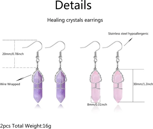 Vista 6 de Juego de aretes de cristales curativos para mujeres y niñas, puntos hexagonales, piedras de cuarzo natural real, aretes colgantes con gancho