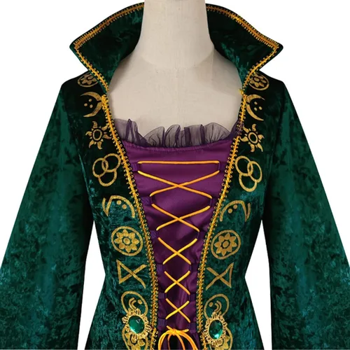 Vista 5 de Burn paper Pots Halloween medieval woman's full dress witch cosplay green velvet dress cosplay costume