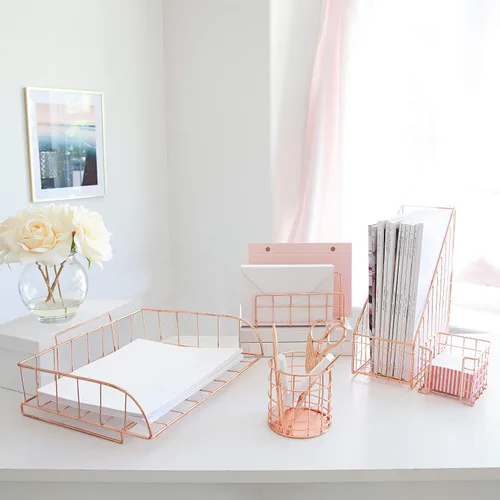 Vista 4 de BLU MONACO Rose Gold Desk Organizer Set 5 Piece Mail Sorter Organizer Countertop with Letter Sorter for Desk Standing File Organizer for Desk