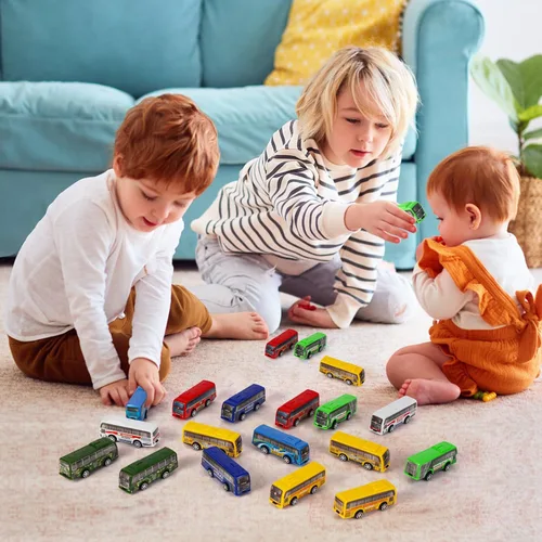 Vista 6 de Juego de 16 piezas de vehículos de autobús urbano con tracción trasera, mini autos para niños pequeños, vehículos de carreras impulsados por