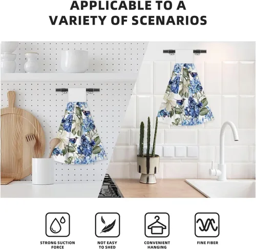 Vista 4 de Juego de 2 toallas de mano colgantes de hortensias azules, acuarela, primavera, pájaro, con lazo para colgar, toallas suaves y absorbentes para baño