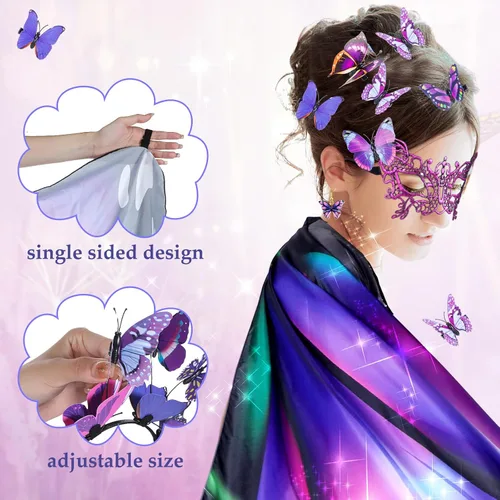 Vista 4 de Janmercy 12 piezas de disfraz de alas de mariposa de Halloween para mujeres adultas, incluye mariposa, chal de hada, aretes, diadema, 8 pinzas