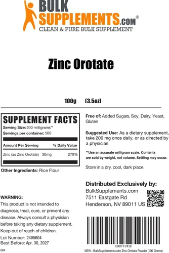 Vista 6 de BulkSupplements. com Zinc Orotate Powder - Suplemento de minerales de zinc, para apoyo inmunológico, sin gluten, 200 mg por porción, 100 g (3.5 oz)