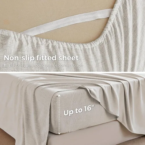 Vista 4 de Sábanas tamaño Queen con aspecto de lino, sábanas catiónicas suaves como el algodón, juego de ropa de cama de lujo con bolsillos profundos