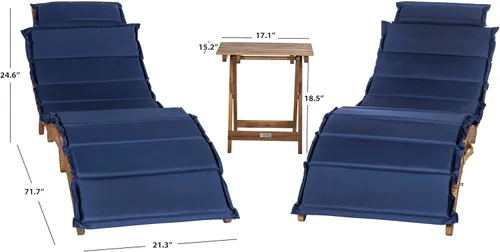 Vista 3 de SAFAVIEH Outdoor Collection Pacifica PAT7020C - Juego de tumbona de 3 piezas con cojín de madera maciza y azul marino Natural/Azul marino