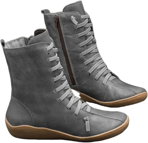 Vista 24 de Ladmiple Botas de tobillo para mujer, sin tacón, casual, con cremallera lateral, botas cortas vaqueras occidentales, zapatos para caminar