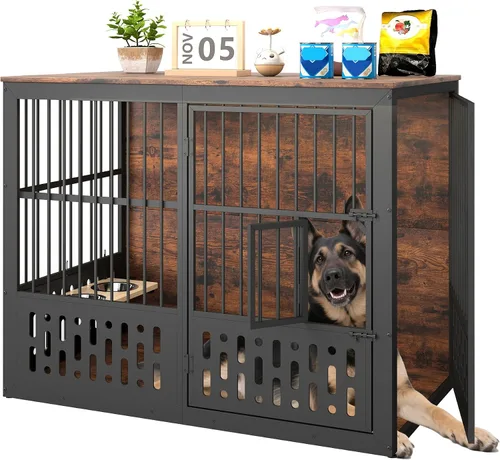 Vista 12 de Yafylly Jaula para perros pequeños de 32 pulgadas, muebles de madera para perros pequeños y medianos, ventana interactiva, cuencos ajustables