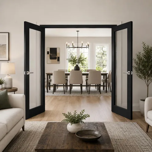 Vista 5 de Lucia 2166 Puertas francesas interiores de doble oscilación con vidrio, madera maciza, accesorios incluidos, 84x96, negro, moderno