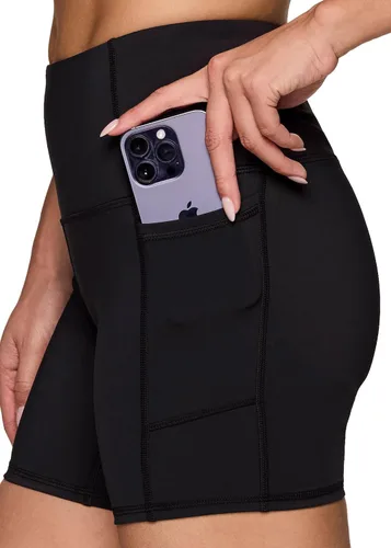 Vista 2 de RBX Pantalones cortos de ciclismo a prueba de sentadillas para mujer, pantalones cortos de yoga de cintura alta de 5 pulgadas con bolsillos