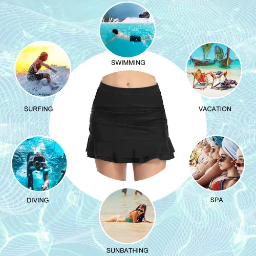 Vista 6 de Hilor - Parte inferior de bikini para mujer en forma de falda drapeada con talle alto y volantes para nadar