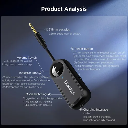 Vista 9 de Receptor transmisor Bluetooth 5.3, transmisor inalámbrico de audio auxiliar 2 en 1 de 0.138 in para avión, TV, PC, gimnasio, tabletas, PS4, receptor