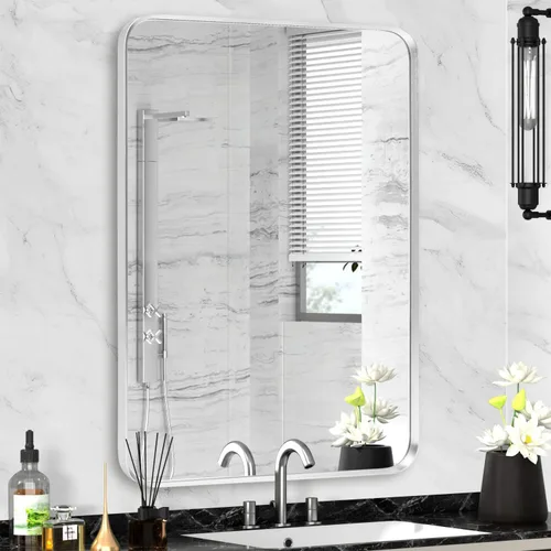 Vista 46 de Espejo arqueado negro de 16" x 20", espejo de pared para baño con arco, espejo de tocador de baño con marco de metal y parte superior arqueada
