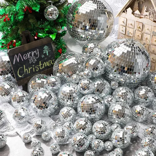 Vista 5 de 17 Piezas de Decoración de Bola de Discoteca: Bolas de Discoteca Colgantes de Espejo de Tamaño Variado Mini y Grande - Adornos de Navidad Plateados