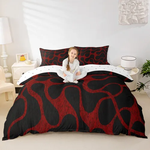 Vista 4 de Juego de ropa de cama decorativa roja y negra, funda de edredón geométrica con líneas de rayas abstractas para niños, niñas, niños, adolescentes