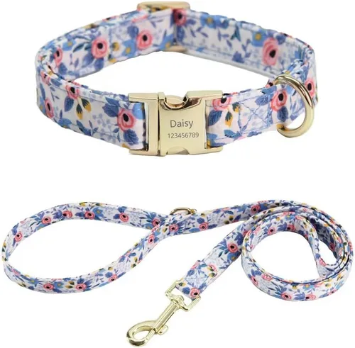Vista 7 de Juego personalizado de collar y correa para perro con nombre y placa de número de teléfono, collar de perro con margaritas personalizado para perros