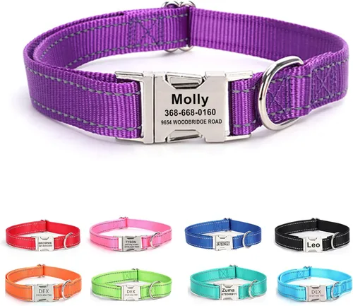 Vista 7 de Collar personalizado para perro con etiqueta de nombre, collar de nailon reflectante para mascotas, collares de perro con hebilla dorada grabada
