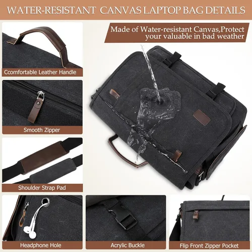 Vista 6 de Bolso de Mensajero de 17.3 Pulgadas para Hombre: 2 Piezas Bolso para Laptop de Cuero PU y Tela de Lona Maletín de Trabajo Grande para Oficina