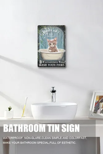 Vista 3 de Zomyto Letrero de metal divertido con diseño de gato "Wash Your Paws", decoración para bañera, regalo para amantes de los gatitos, accesorios
