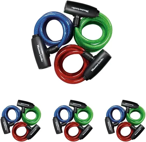 Vista 8 de Master Lock Cables para candado de bicicleta con llave, azul, verde y rojo, paquete de 3 cerraduras de cable de bicicleta con llave, 6 pies