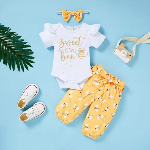 Vista 2 de Conjunto de ropa de abejorro con estampado de letras pantalones de miel y abejas con lazo diadema amarillo 2
