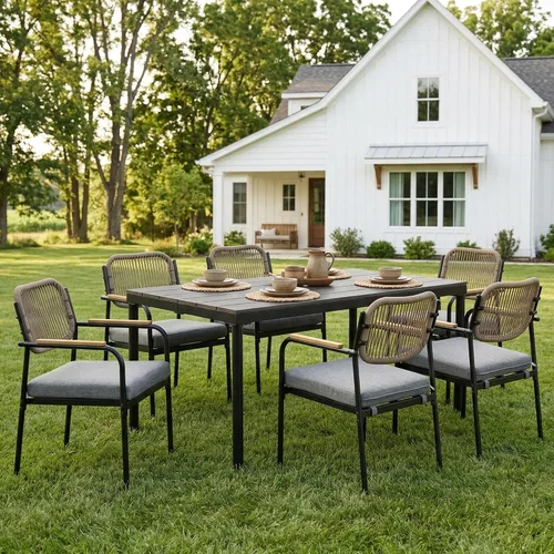 Vista 12 de Juego de 2 sillas de comedor para exteriores, sillas de comedor de mimbre para patio con cojines extraíbles, silla de mesa rectangular para patio