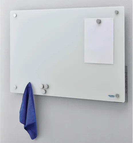 Vista 2 de Global Industrial Pizarra blanca magnética de vidrio de 36 pulgadas de ancho x 24 pulgadas de alto, sin marco, color blanco, incluye borrador y paño
