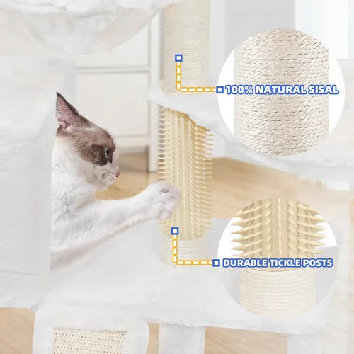 Vista 5 de ROYPET Árbol para gatos con condominio para gatos y dos hamacas, torre para gatos con postes rascadores y almohadillas para rascar, color beige