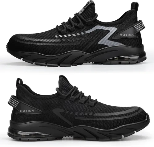 Vista 6 de GLANOUDUN Zapatos de punta de acero para hombre, zapatos de trabajo ligeros para hombres, zapatos de trabajo negros con punta de acero, zapatos