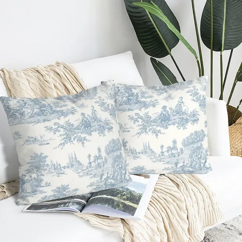 Vista 5 de Blue Toile - Juego de 2 fundas de almohada estilo rústico francés, fundas de almohada vintage de 18 x 18 pulgadas, para sofá, sala de estar