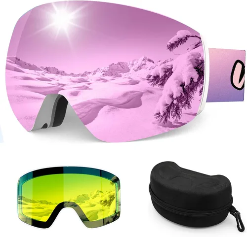 Vista 11 de Whale 2027 New Magnetic-Closure Ski Goggles, 2 Interchangeable Lenses/Night Skiing Light-Enhancing Lens, Anti-Fog, Unisex Azul