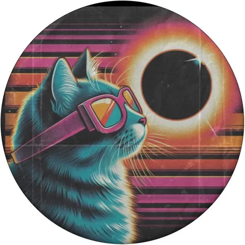 Vista 3 de Cat Solar Eclipse - Synthwave Retro Poster Style PopSockets Standard PopGrip