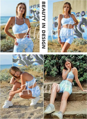 Vista 3 de Aleumdr - Conjunto deportivo de 2 piezas con estampado de leopardo para mujer shorts y brasier deportivo ropa deportiva para yoga entrenamiento