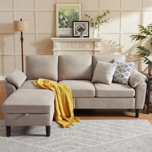 Vista 4 de Sofá modular convertible de 80 pulgadas, sofá pequeño en forma de L de 3 asientos con diván de almacenamiento reversible, sofá moderno de tela