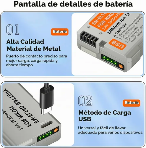 Vista 5 de EN-EL14, EN-EL14A USB C Batería de repuesto de carga directa para Nikon D3500, D3100, D3200, D3300, D3400, D5100, D5200, D5300, D5500, D5600, DF