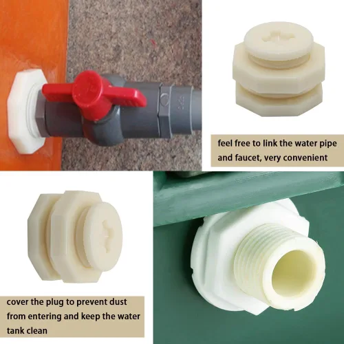 Vista 6 de Adaptador de conector de tanque de agua de plástico ABS de 1 pulgada, adaptador de conector de tanque de agua con tapones para barril de lluvia al