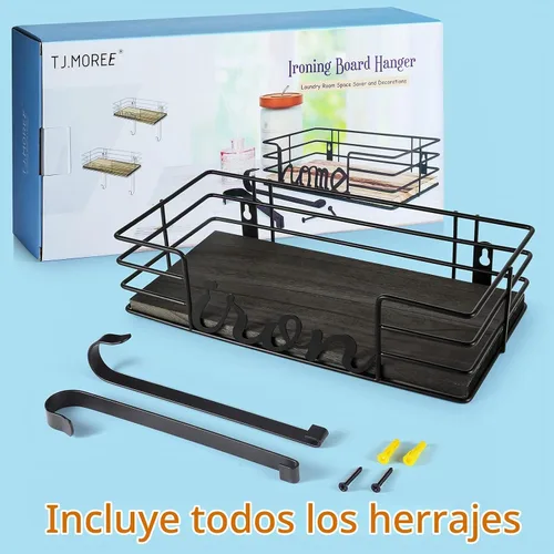 Vista 7 de TJ.MOREE Soporte de pared para tabla de planchar – Soporte para plancha y tabla de planchar, soporte de pared de metal con gran almacenamiento Negro