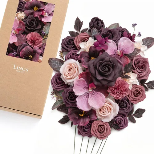 Vista 10 de Ling's moment Caja de flores artificiales, tallos de follaje artificial falso, rosas de espuma, dalia de seda, hierba de pampas, flor de tela