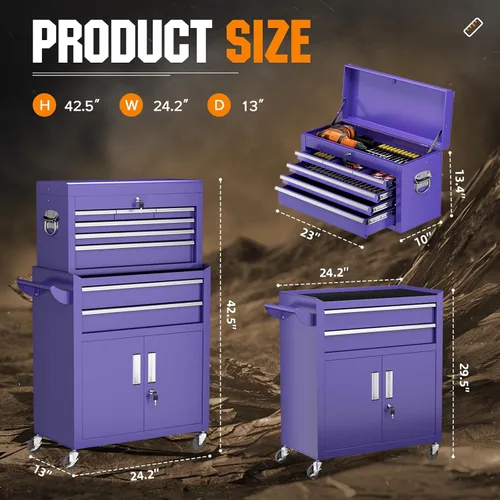 Vista 2 de Baúl de herramientas con ruedas de 8 cajones - Gabinete de herramientas de acero resistente con caja superior desmontable, ruedas con bloqueo