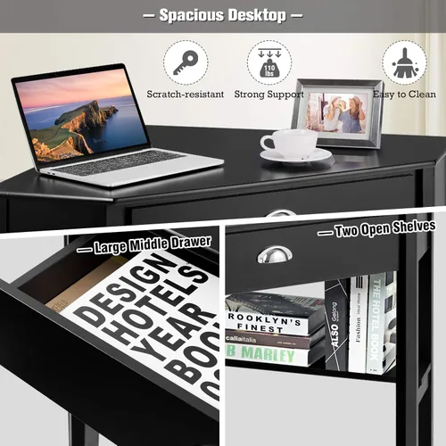 Vista 4 de KOTEK Escritorio esquinero con cajón y estantes, escritorio de madera para oficina en casa, escritorio de computadora triangular, escritorio