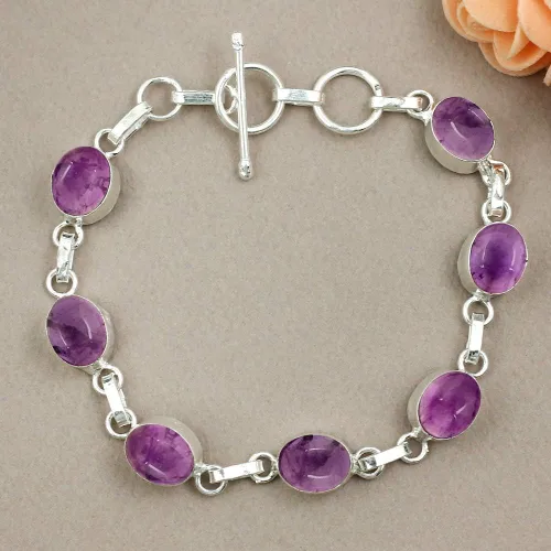 Vista 3 de Oval Shape Natural Gemstones Statement Bracelet for Women - 925 Silver Plated Handmade Birthstone Bohemian Vintage Style Women's Jewelry Gifts for