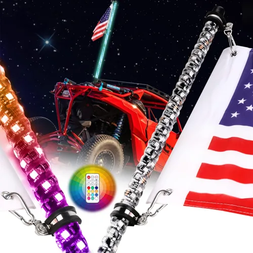 Vista 9 de Nirider 2PCS Luces LED Whip de 1 pie con Poste de Bandera Control Remoto Espiral RGB Luz de Persecución Todoterreno Antena Iluminada de Advertencia