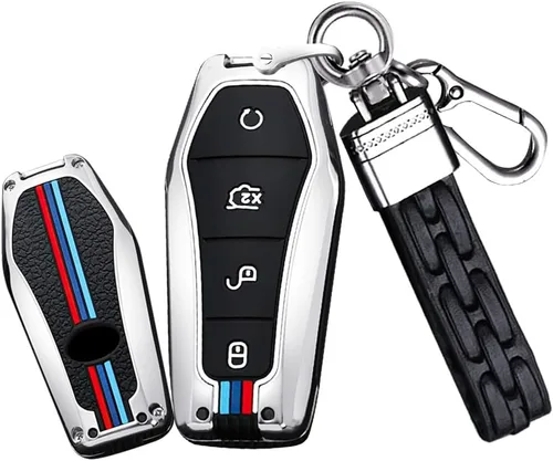 Vista 7 de Funda para llavero de aleación de zinc con llavero para BYD Han Ev Tang Dm 4 botones Funda protectora para llave de coche Un llavero-Negro